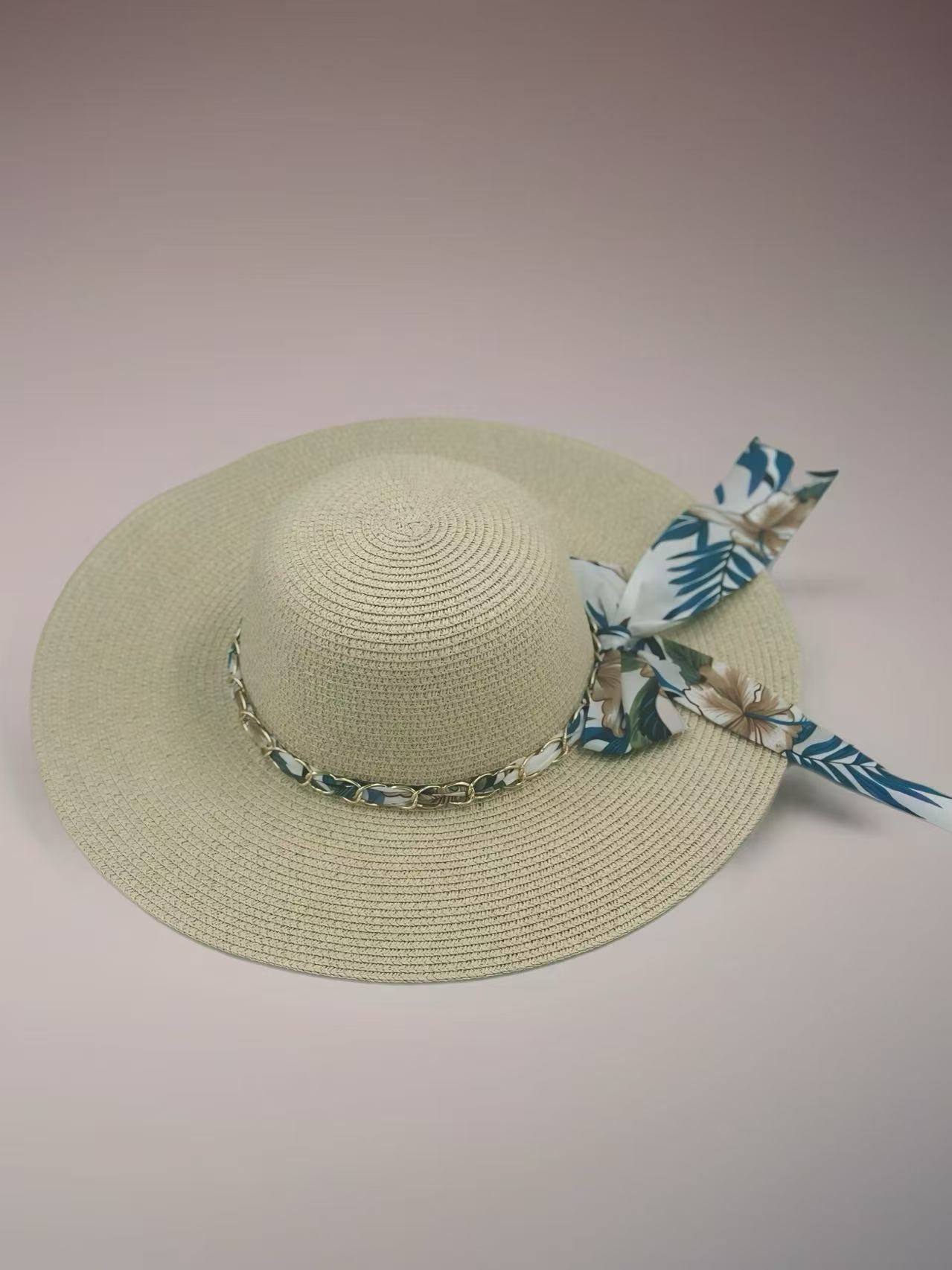 Beige Sun Hat with Tropical Floral Ribbon
