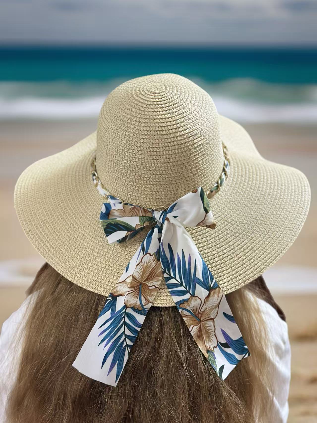 Beige Sun Hat with Tropical Floral Ribbon