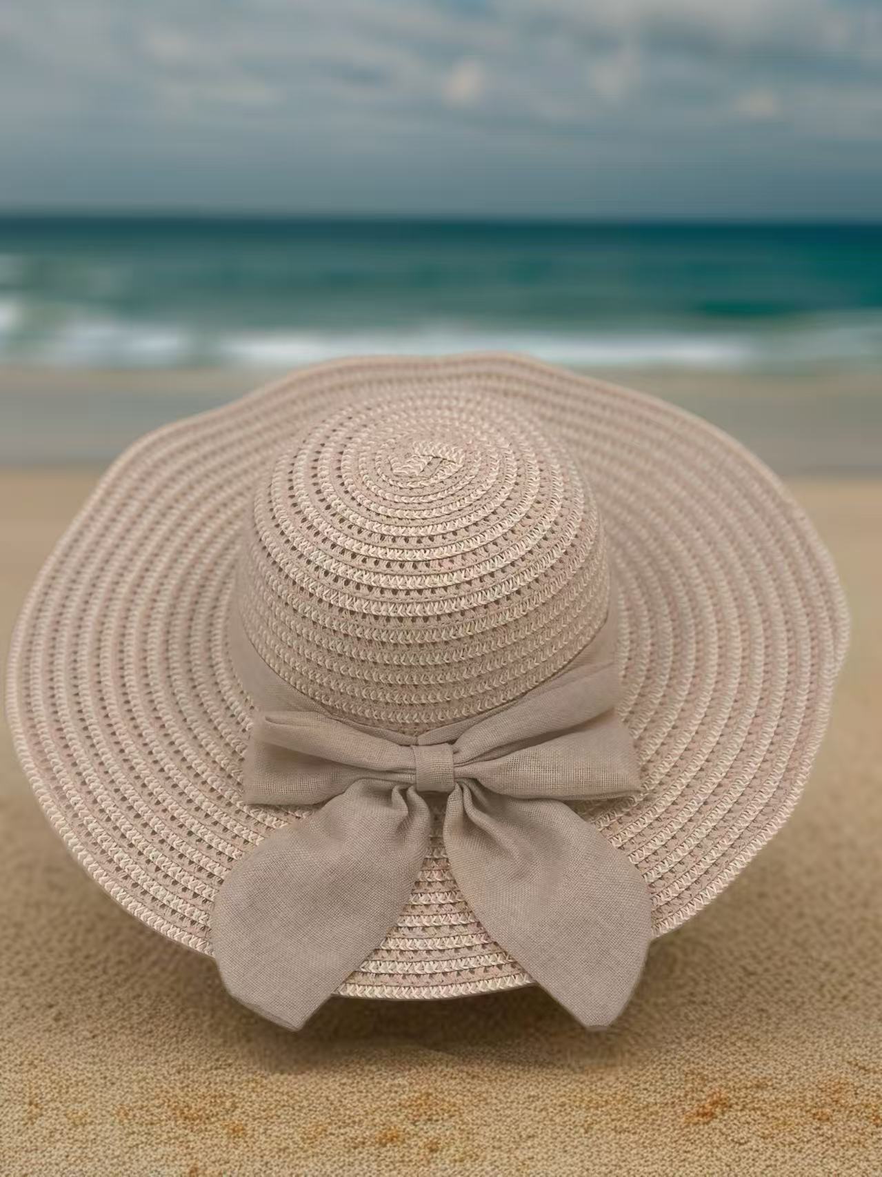 Blush Pink Woven Sun Hat with Fabric Bow