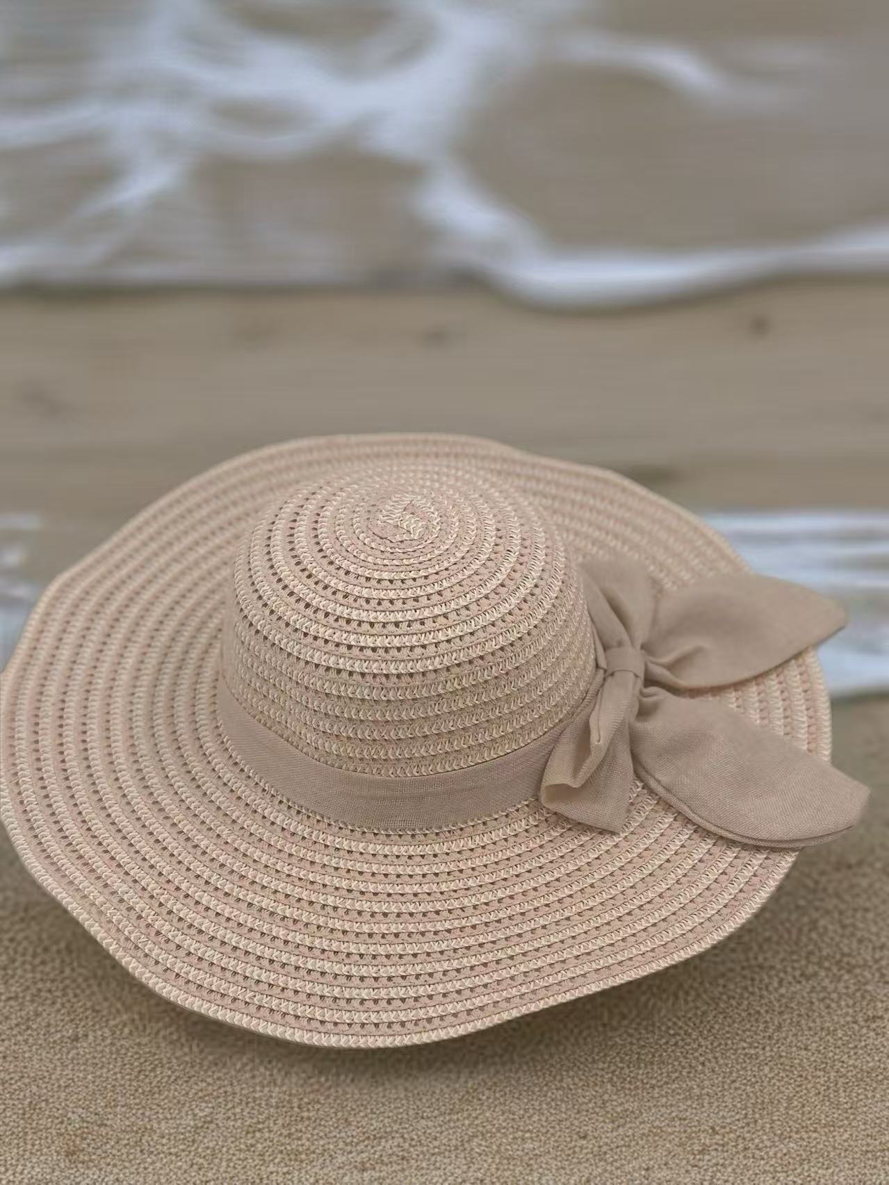 Blush Pink Woven Sun Hat with Fabric Bow