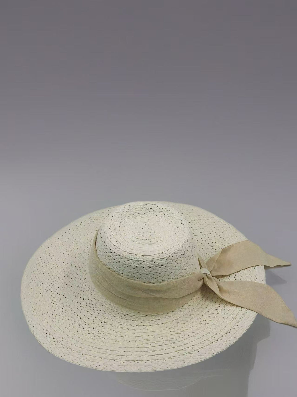 Classic Ivory Straw Hat with Beige Fabric Bow