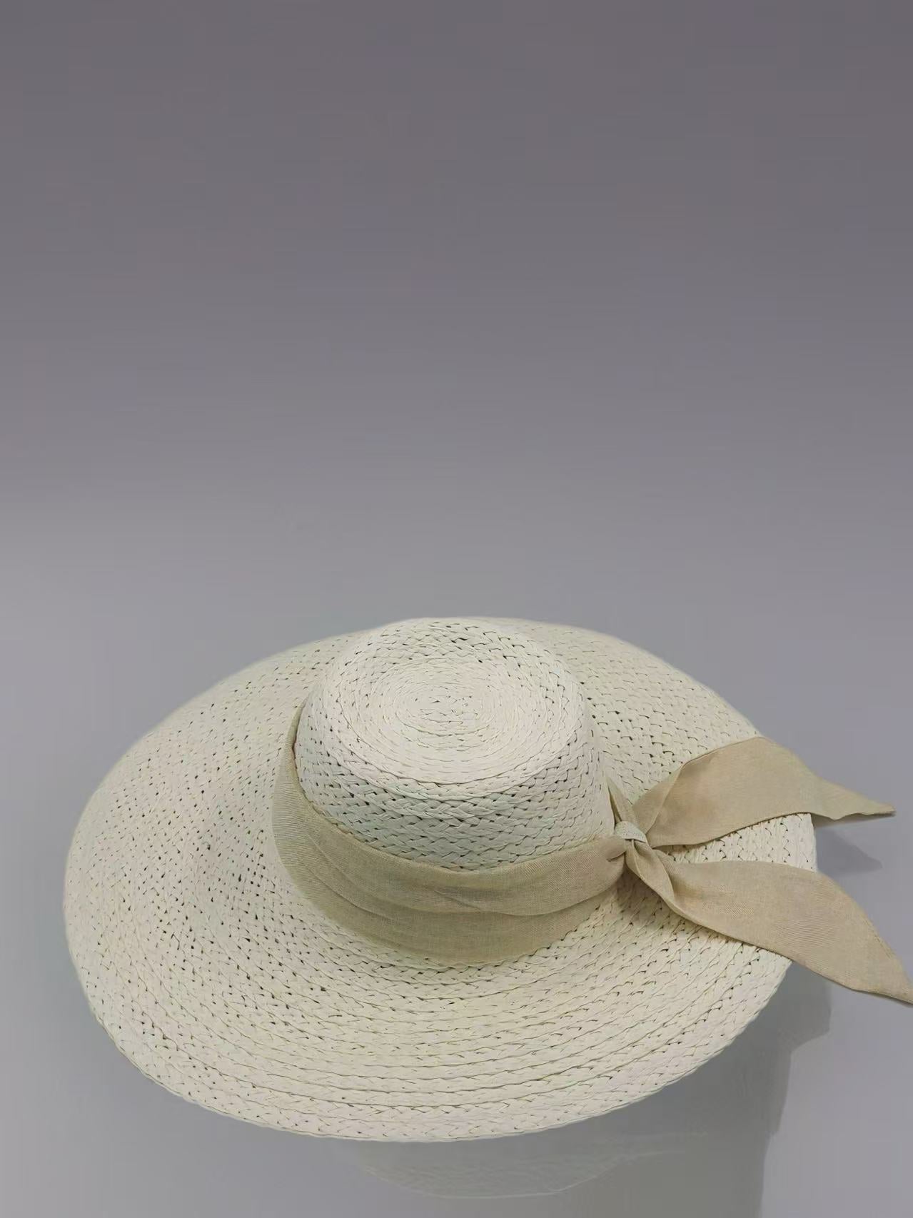 Classic Ivory Straw Hat with Beige Fabric Bow
