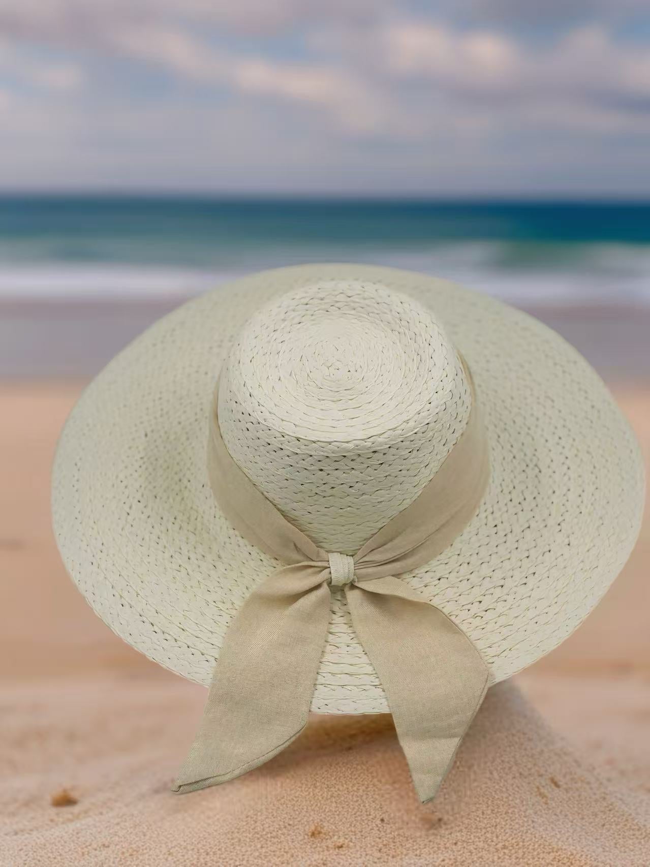 Classic Ivory Straw Hat with Beige Fabric Bow