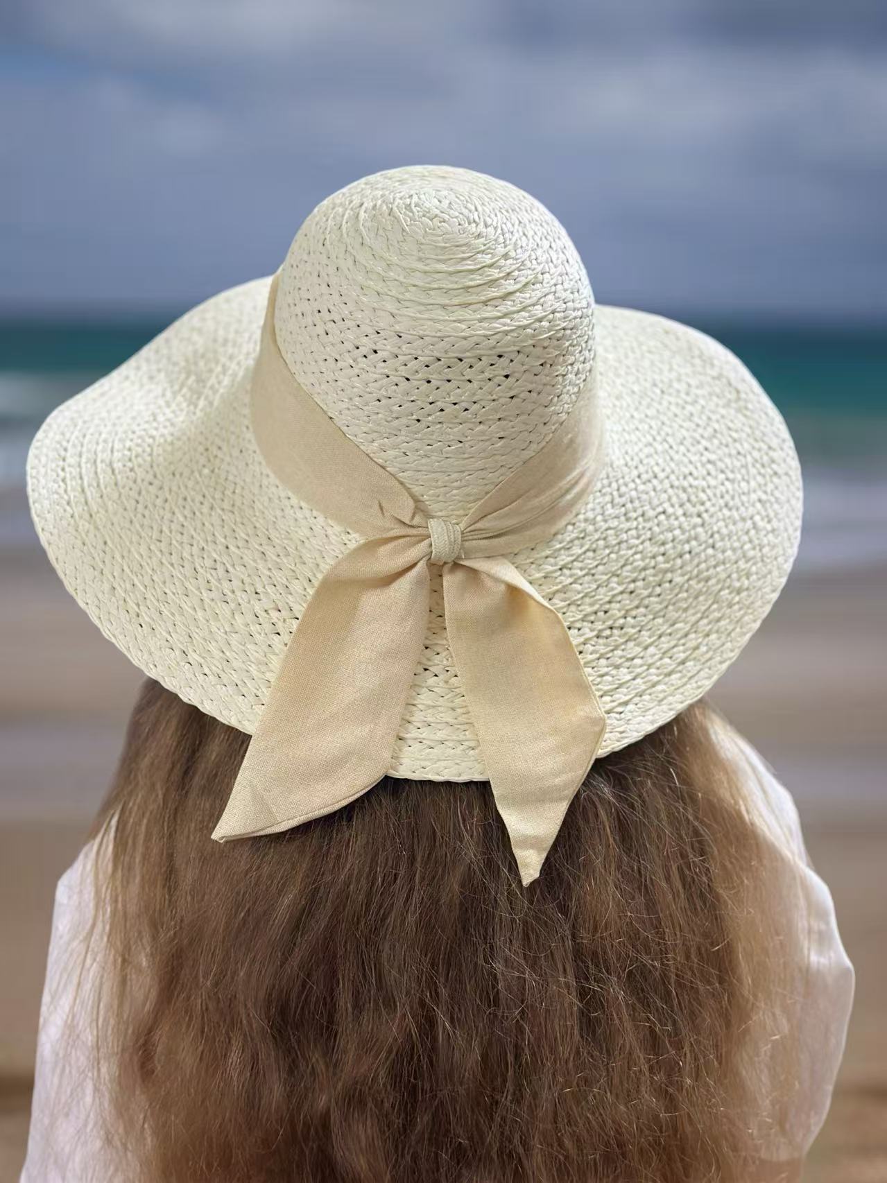 Classic Ivory Straw Hat with Beige Fabric Bow