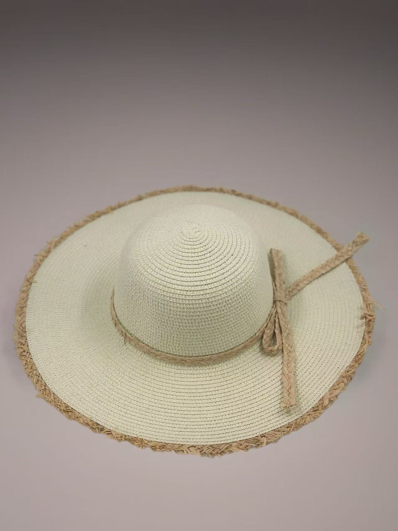 Ivory Wide-Brim Hat with Braided Straw Bow and Fringed Edge
