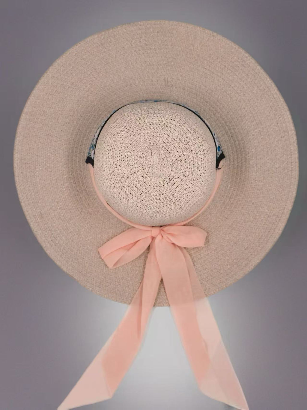 Boho-Chic Embroidered Sun Hat with Peach Chiffon Ribbon