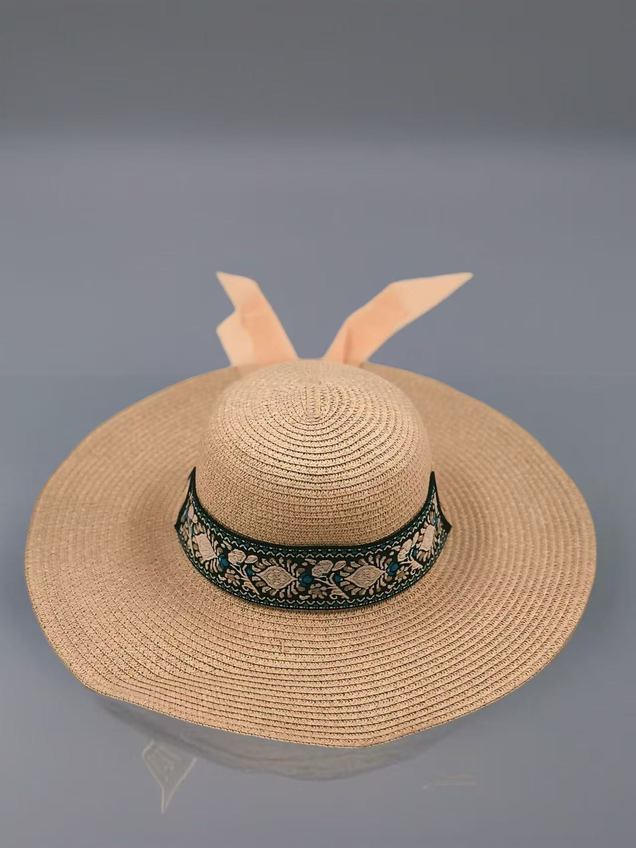 Boho-Chic Embroidered Sun Hat with Peach Chiffon Ribbon