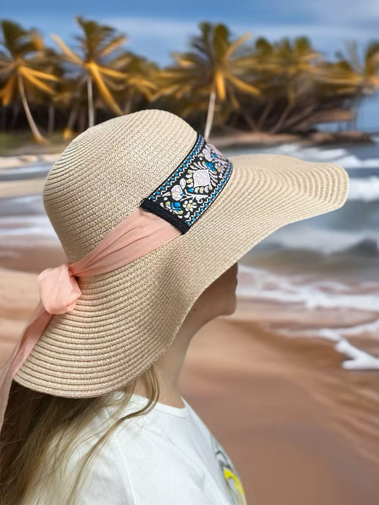 Boho-Chic Embroidered Sun Hat with Peach Chiffon Ribbon