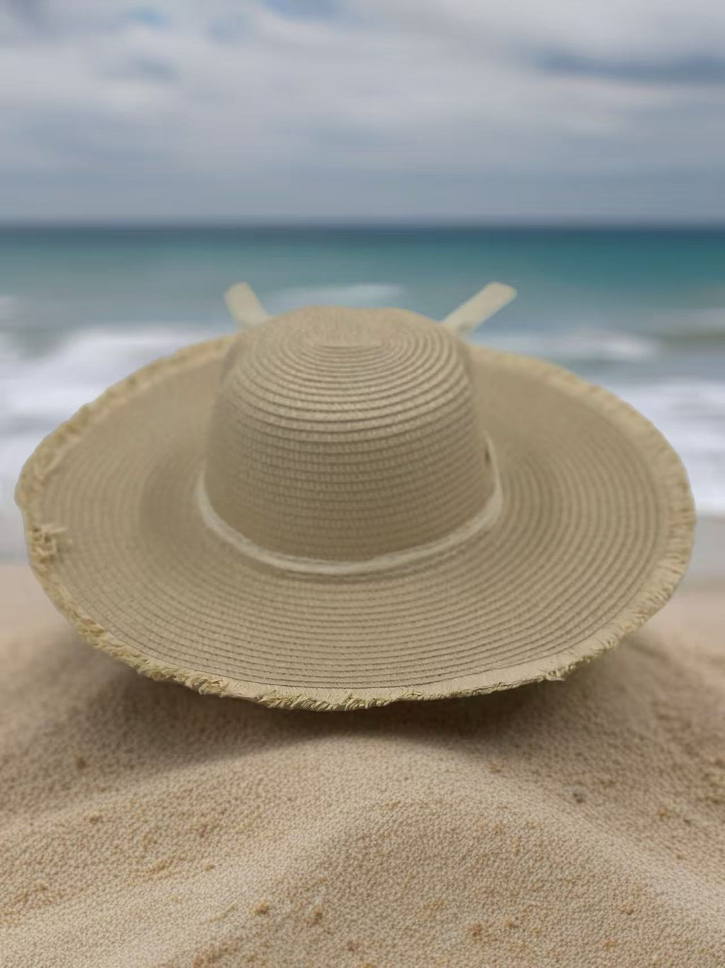 Rustic Straw Sun Hat with Lace Ribbon & Frayed Brim