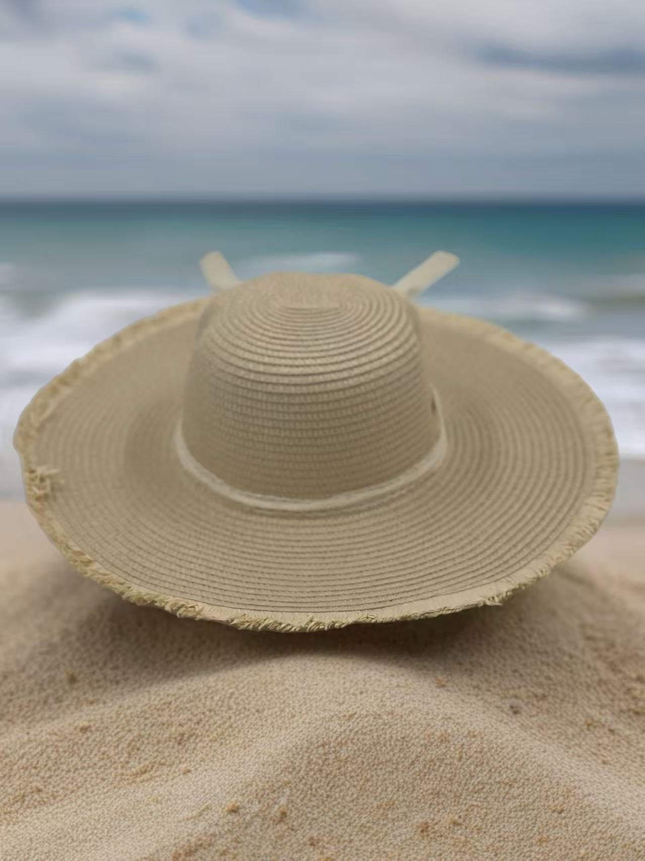 Rustic Straw Sun Hat with Lace Ribbon & Frayed Brim
