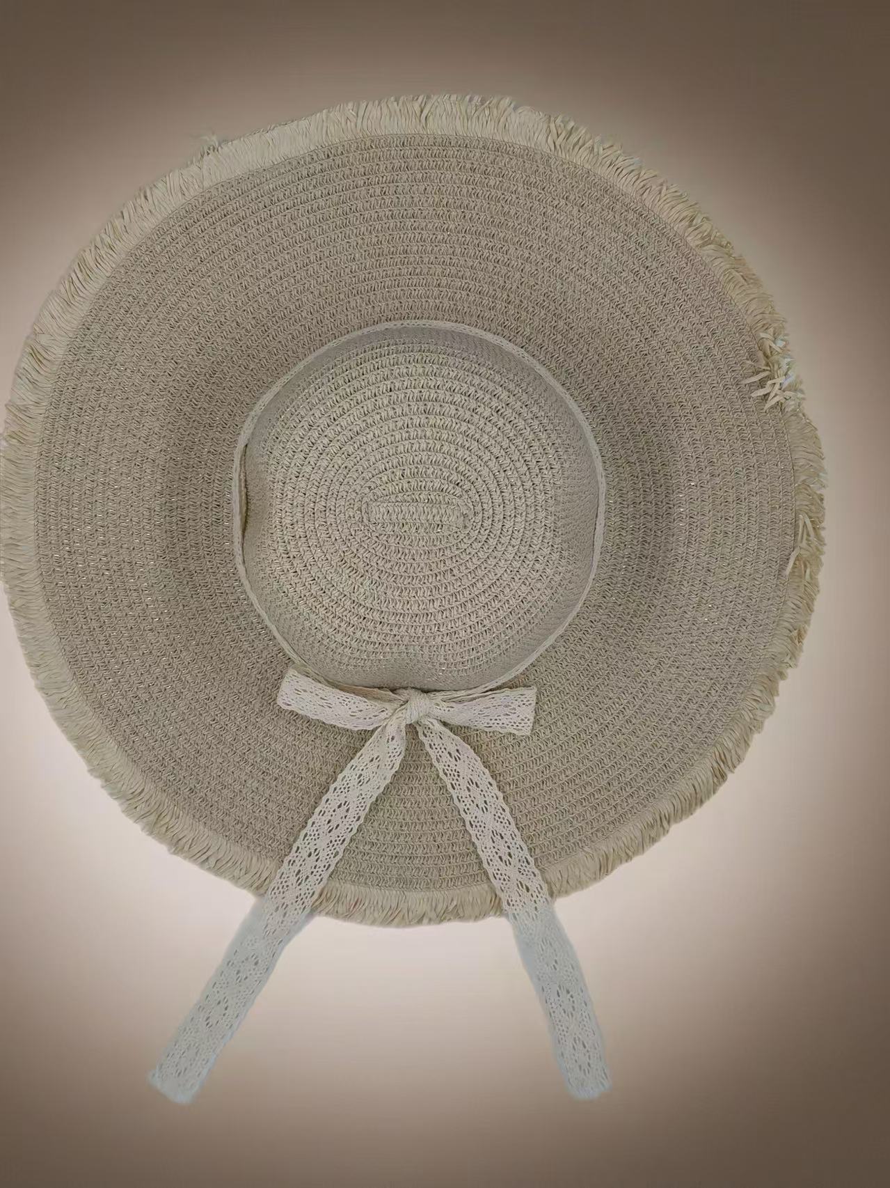 Rustic Straw Sun Hat with Lace Ribbon & Frayed Brim
