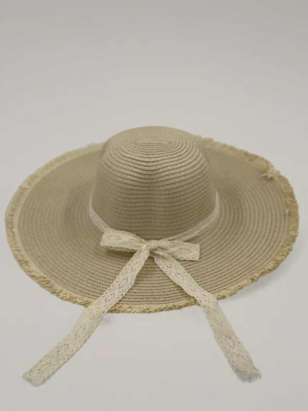 Rustic Straw Sun Hat with Lace Ribbon & Frayed Brim
