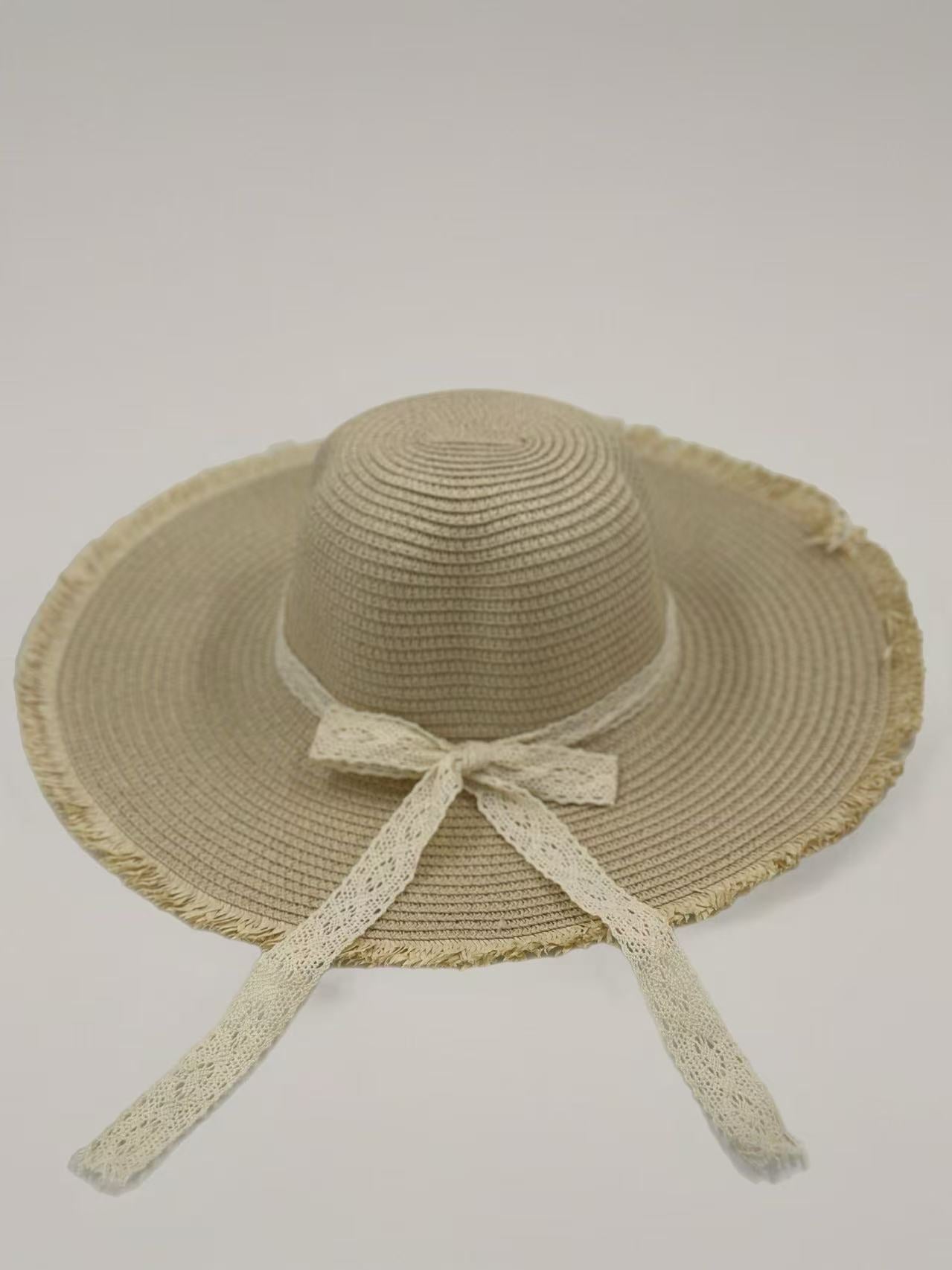 Rustic Straw Sun Hat with Lace Ribbon & Frayed Brim