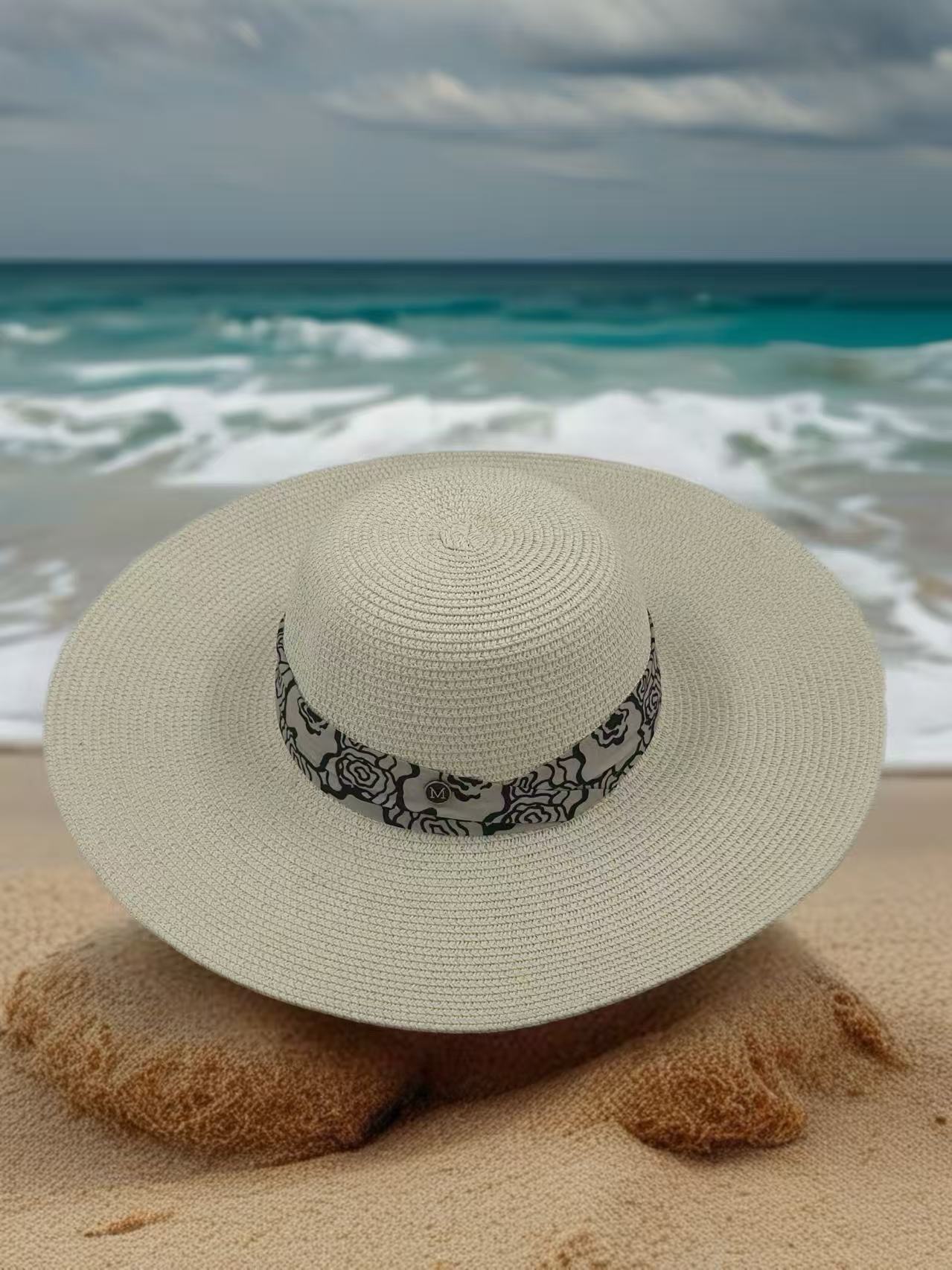 Elegant Wide-Brim Straw Hat with Black Rose Pattern Band