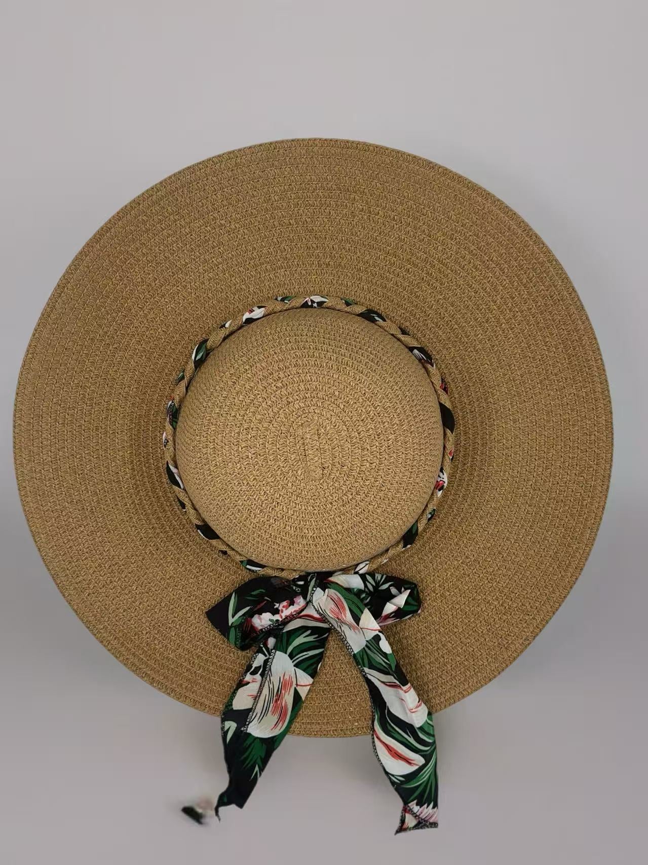 Tropical Bloom Wide-Brim Straw Hat with Floral Scarf Accent