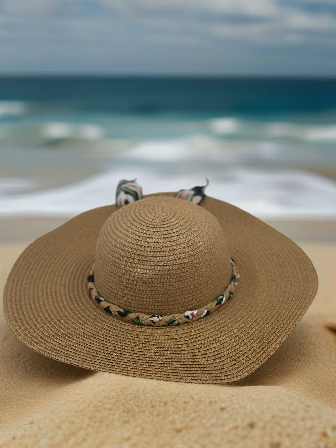 Tropical Bloom Wide-Brim Straw Hat with Floral Scarf Accent
