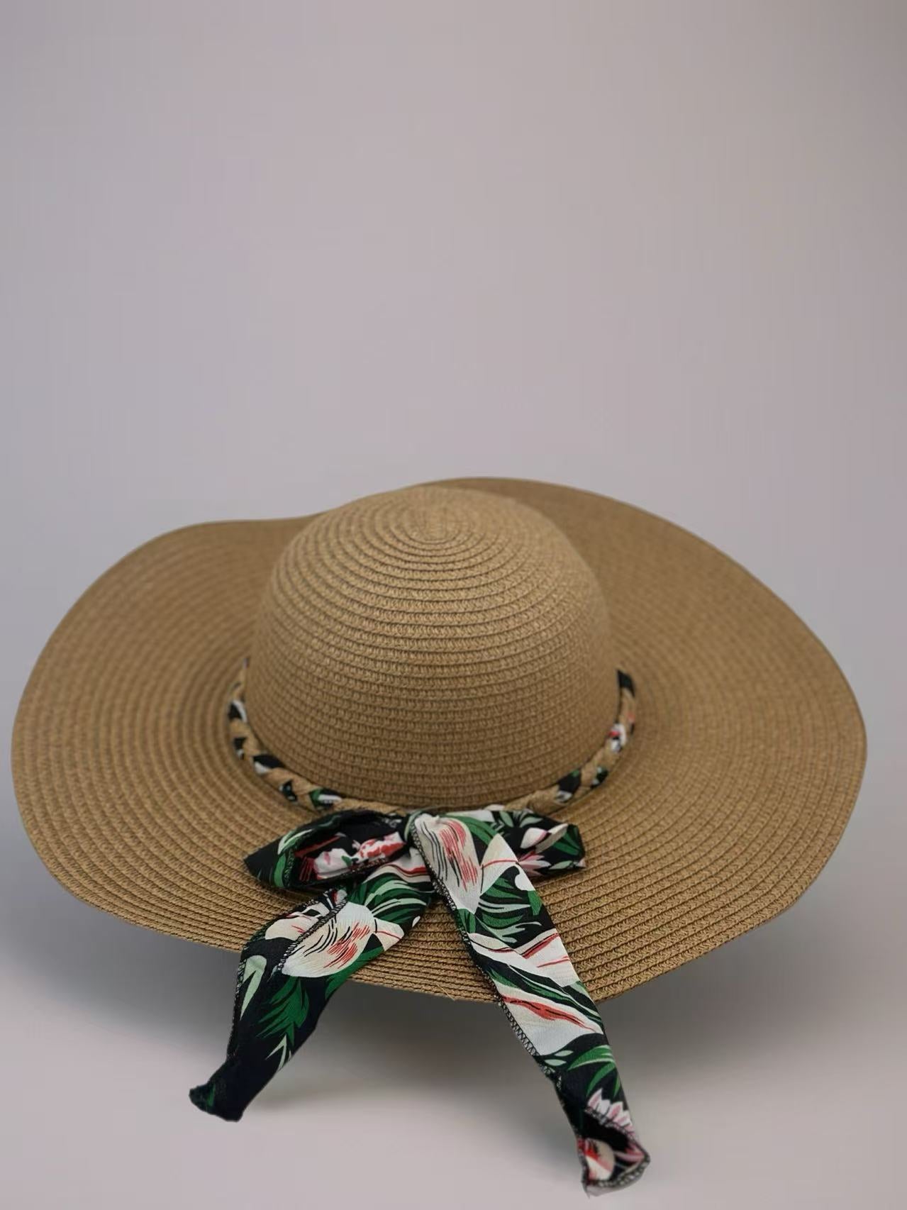 Tropical Bloom Wide-Brim Straw Hat with Floral Scarf Accent