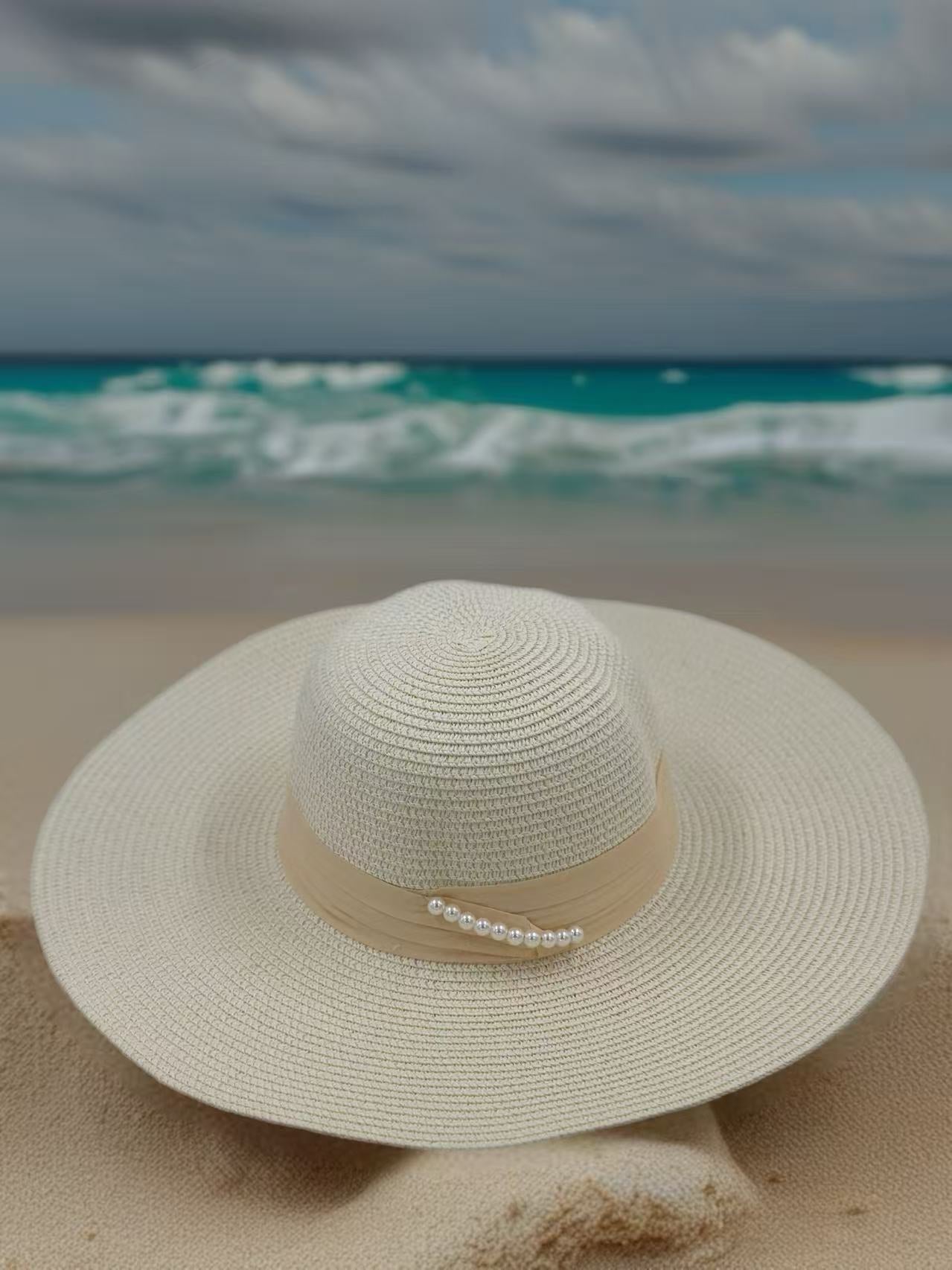 Elegant Ivory Sun Hat with Pearl Accent