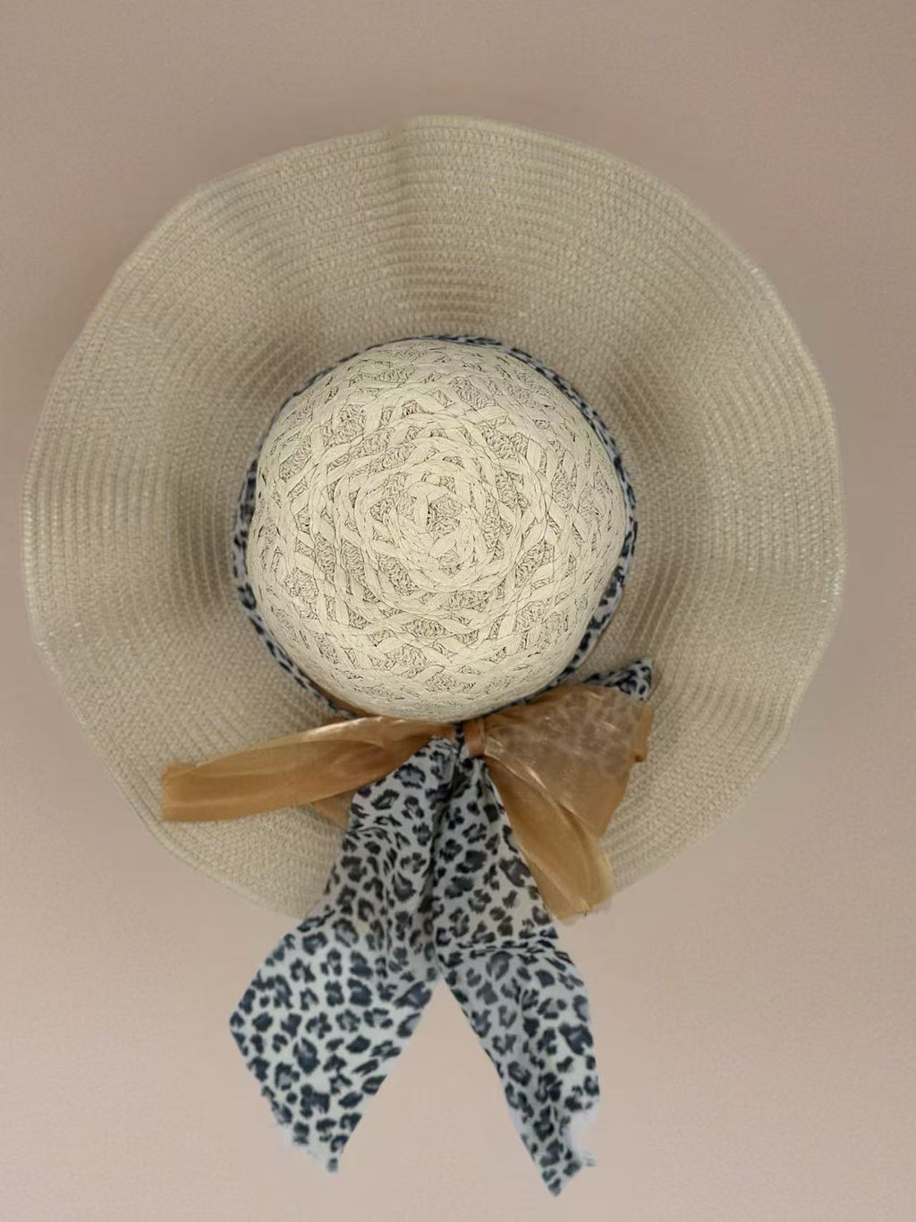 Textured Beige Floppy Hat with Leopard and Organza Ribbon