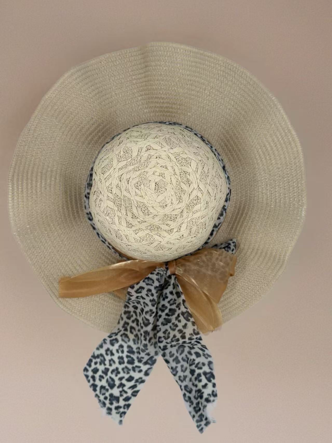 Textured Beige Floppy Hat with Leopard and Organza Ribbon