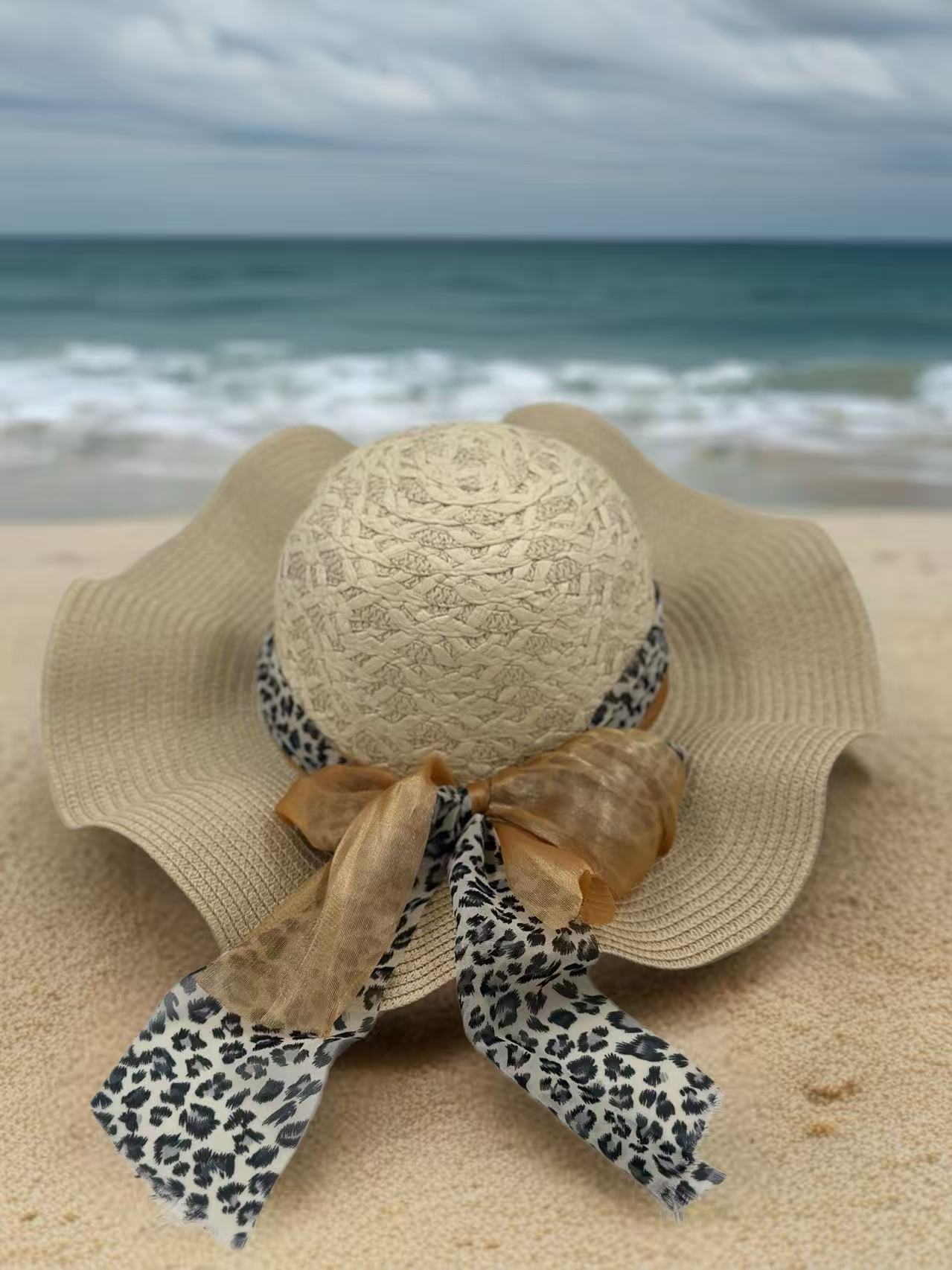 Textured Beige Floppy Hat with Leopard and Organza Ribbon