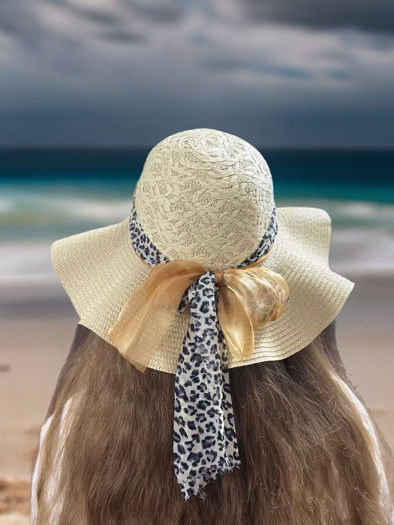 Textured Beige Floppy Hat with Leopard and Organza Ribbon