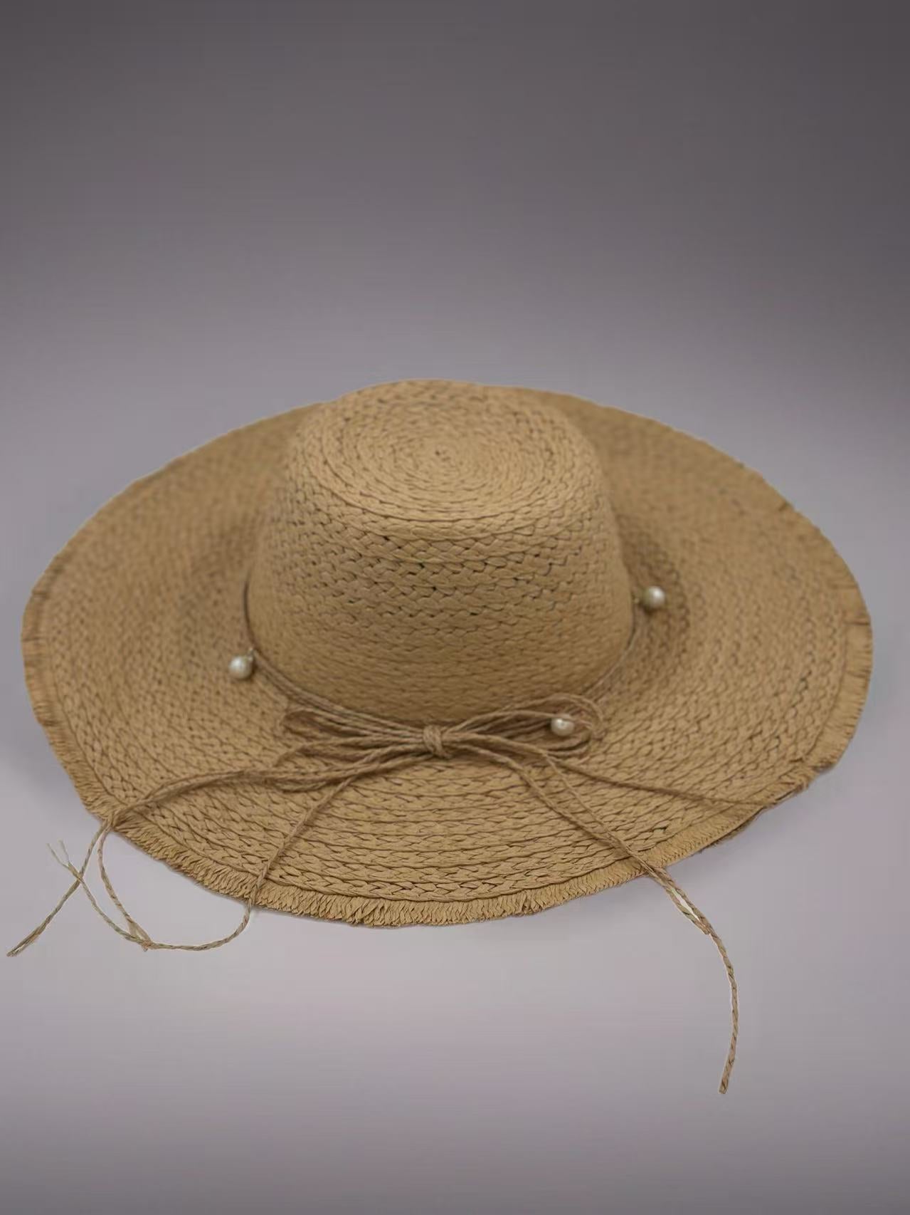 Rustic Straw Sun Hat with Pearl Accents