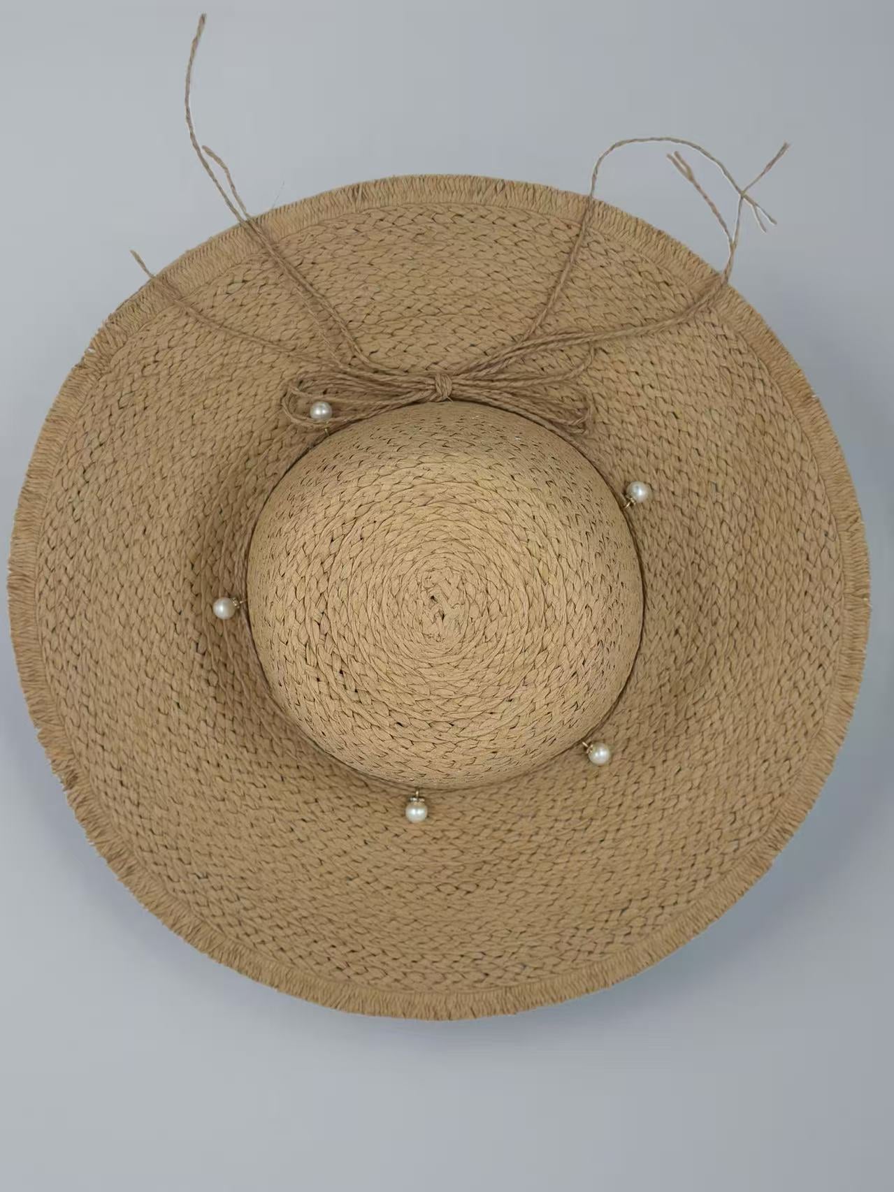 Rustic Straw Sun Hat with Pearl Accents