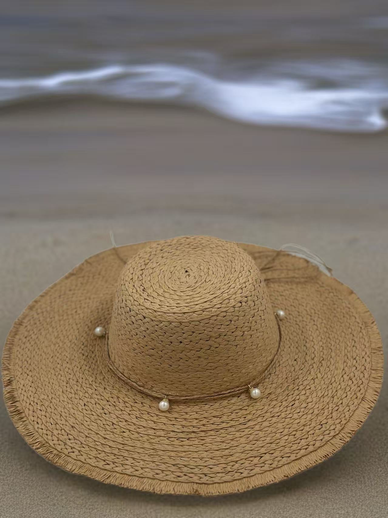 Rustic Straw Sun Hat with Pearl Accents