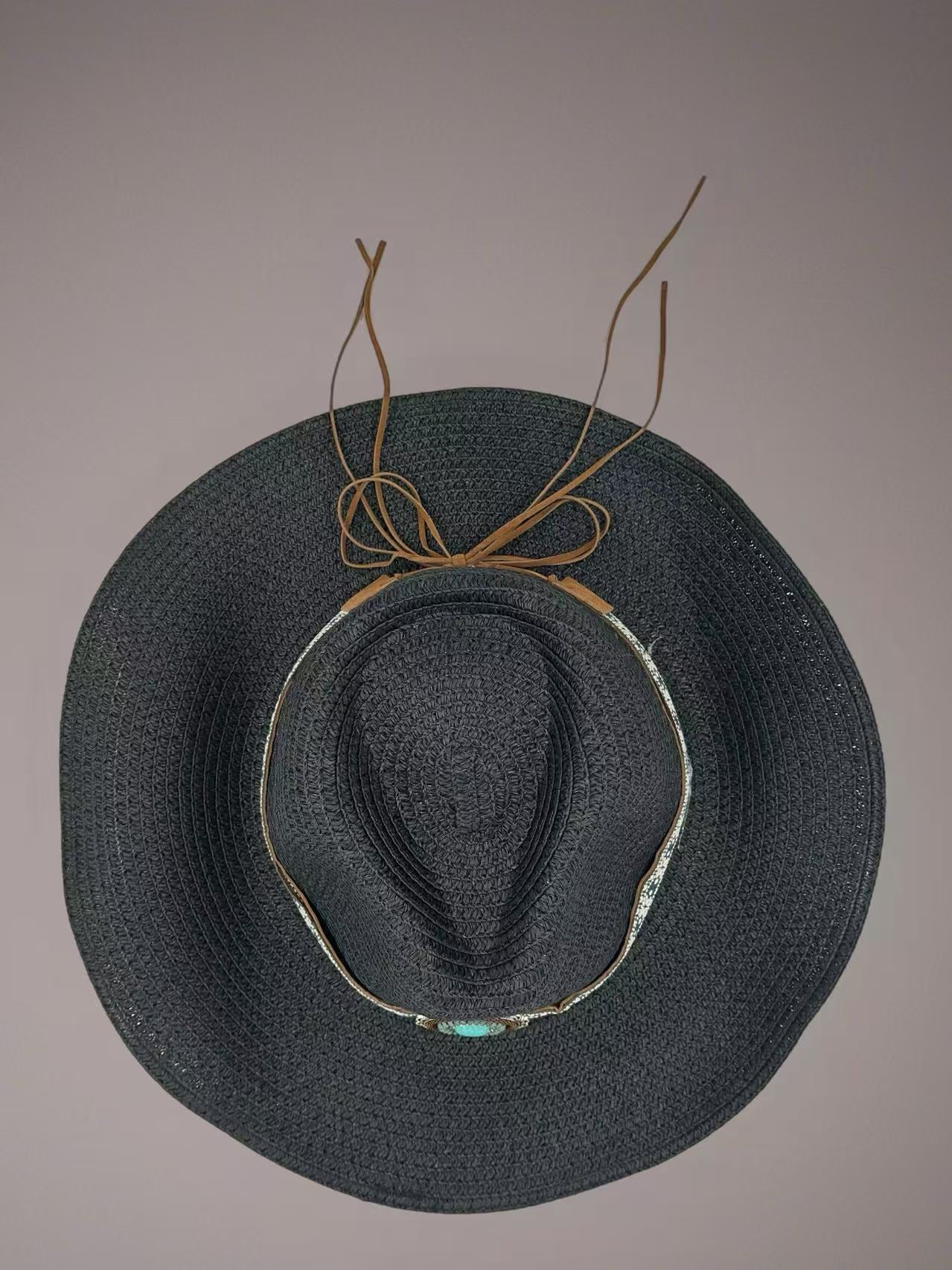 Boho Black Straw Hat with Embellished Turquoise Accent