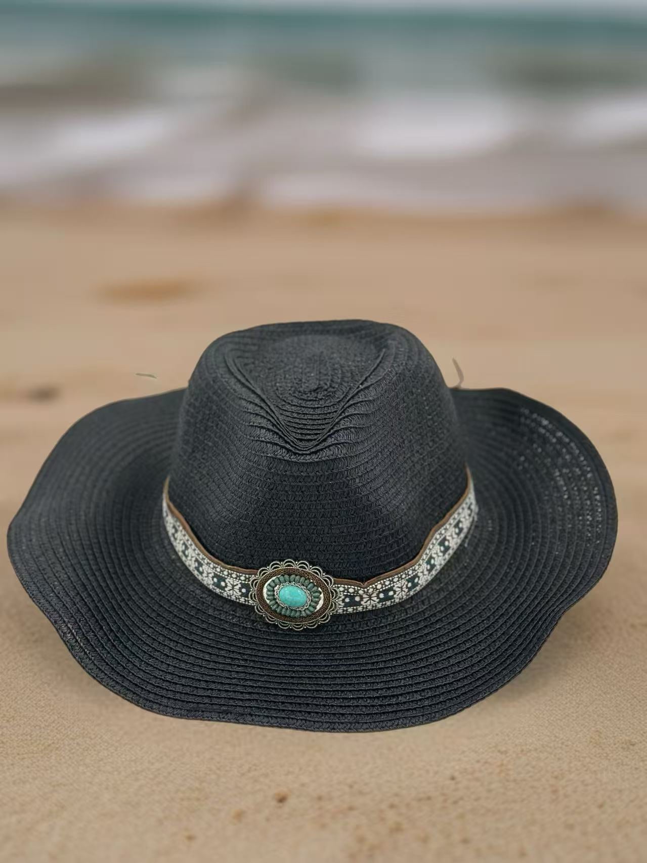 Boho Black Straw Hat with Embellished Turquoise Accent
