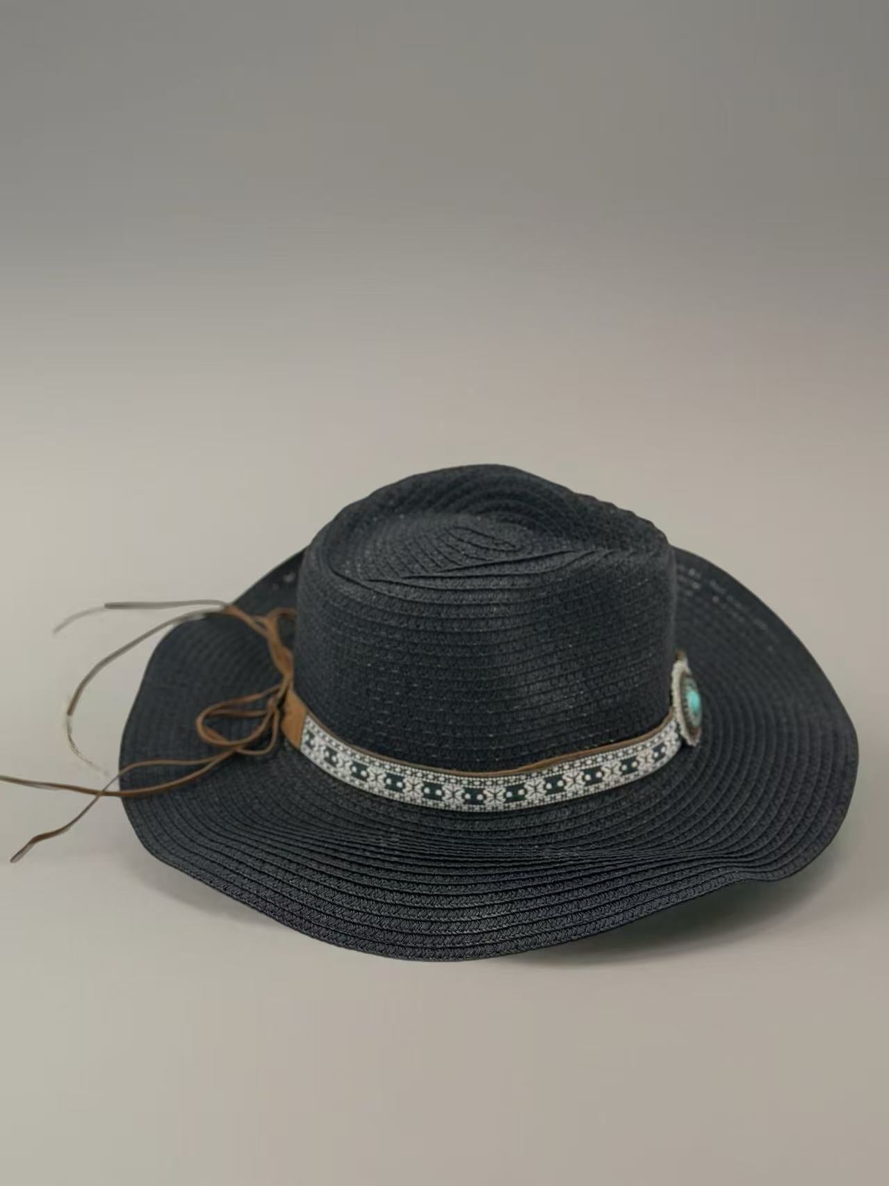 Boho Black Straw Hat with Embellished Turquoise Accent