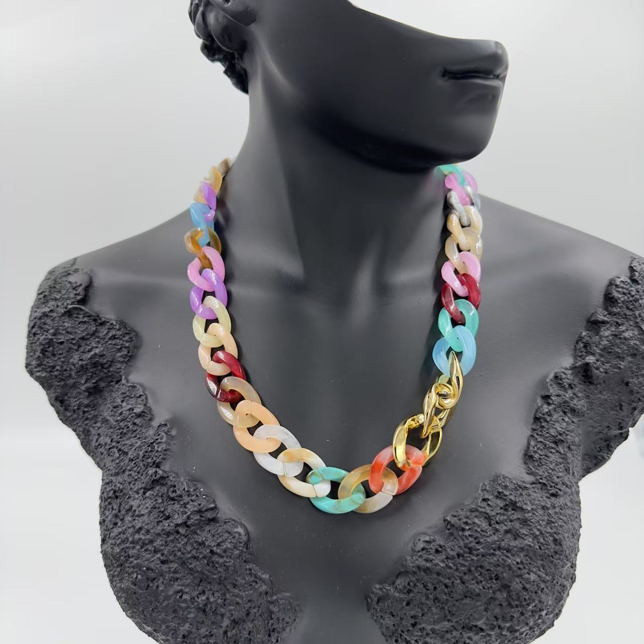Multicolor Chain Necklace with Gold-Tone Accent