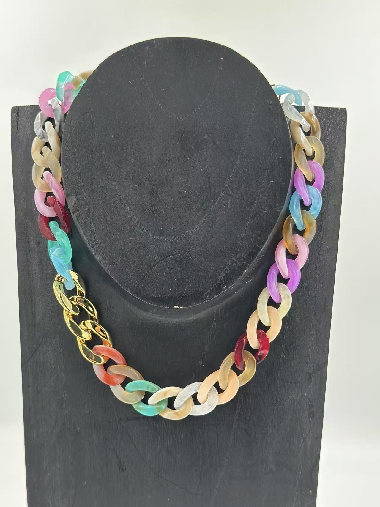 Multicolor Chain Necklace with Gold-Tone Accent