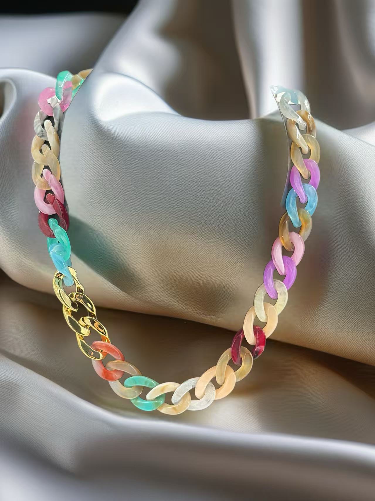 Multicolor Chain Necklace with Gold-Tone Accent