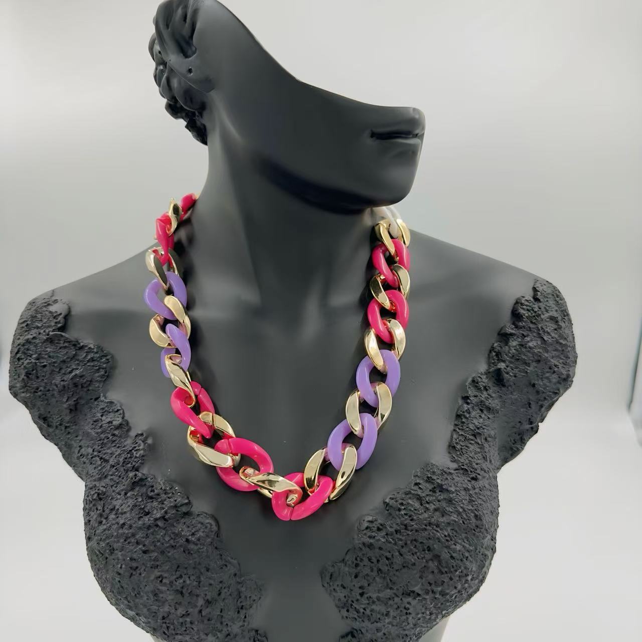 Link Chain Necklace with Gold-Tone Accent – Pink & Purple Duo