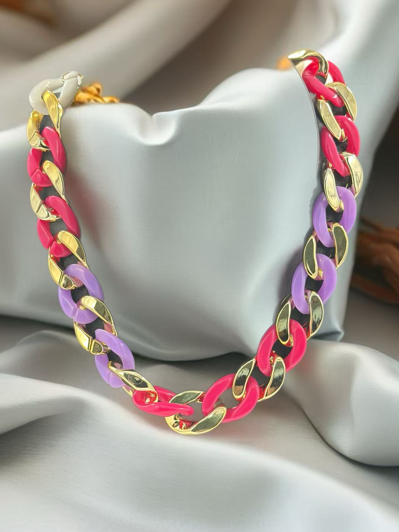Link Chain Necklace with Gold-Tone Accent – Pink & Purple Duo