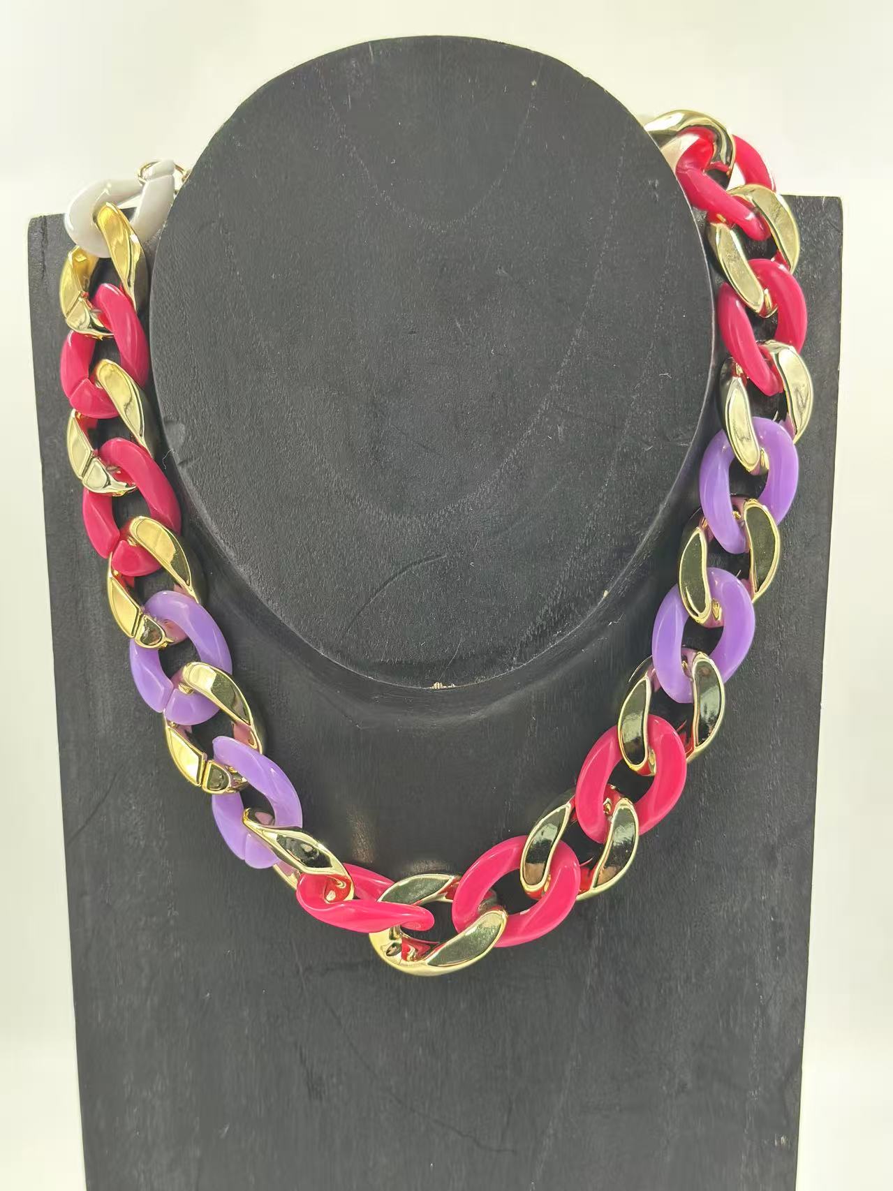 Link Chain Necklace with Gold-Tone Accent – Pink & Purple Duo