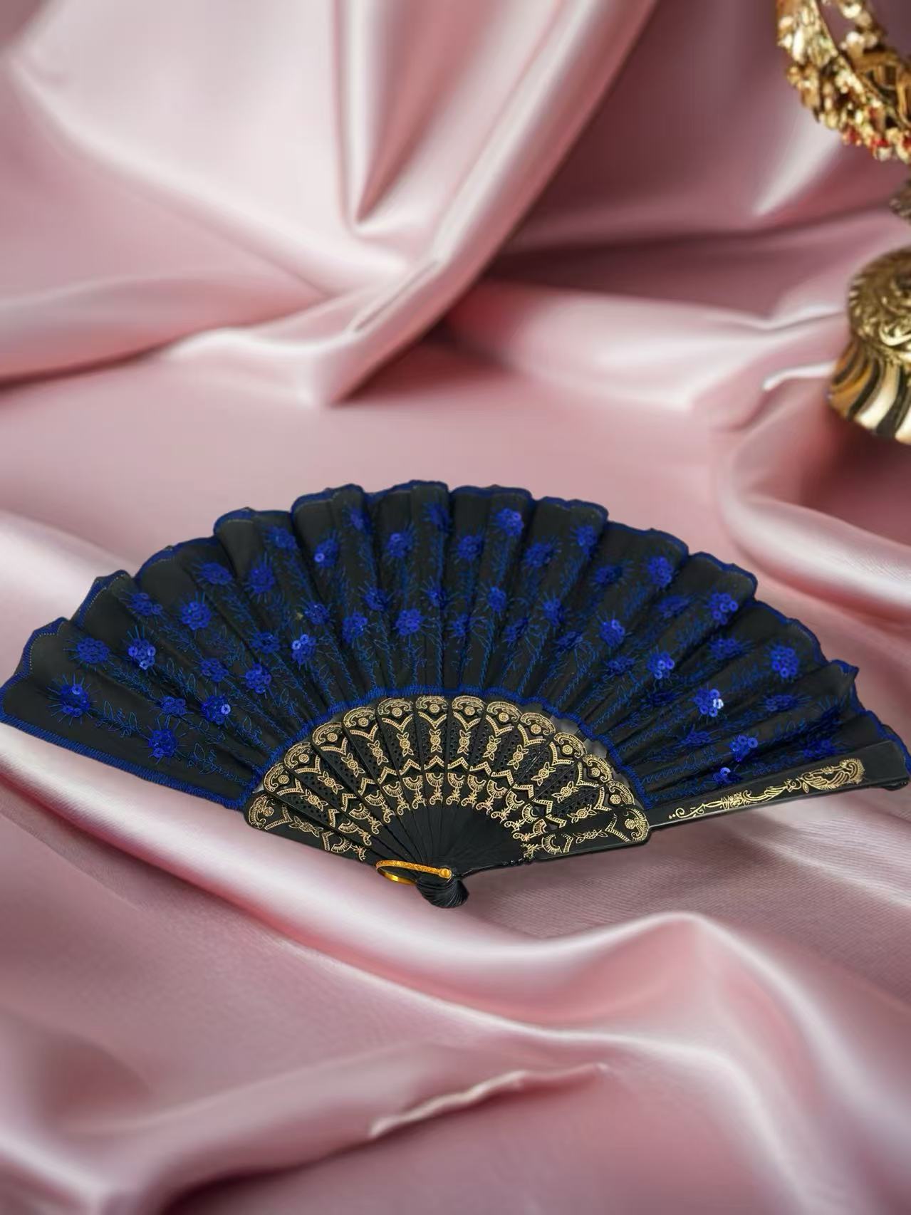 Luxury Lace-Embroidered Hand Fans – Set of 5 with Floral Sequin Detailing
