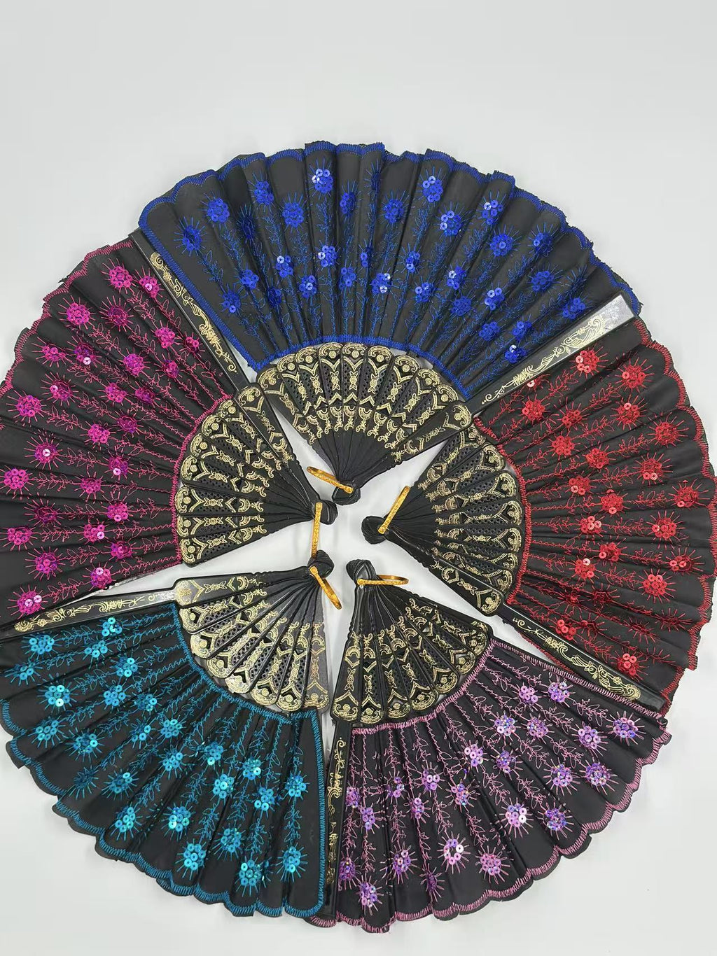 Luxury Lace-Embroidered Hand Fans – Set of 5 with Floral Sequin Detailing