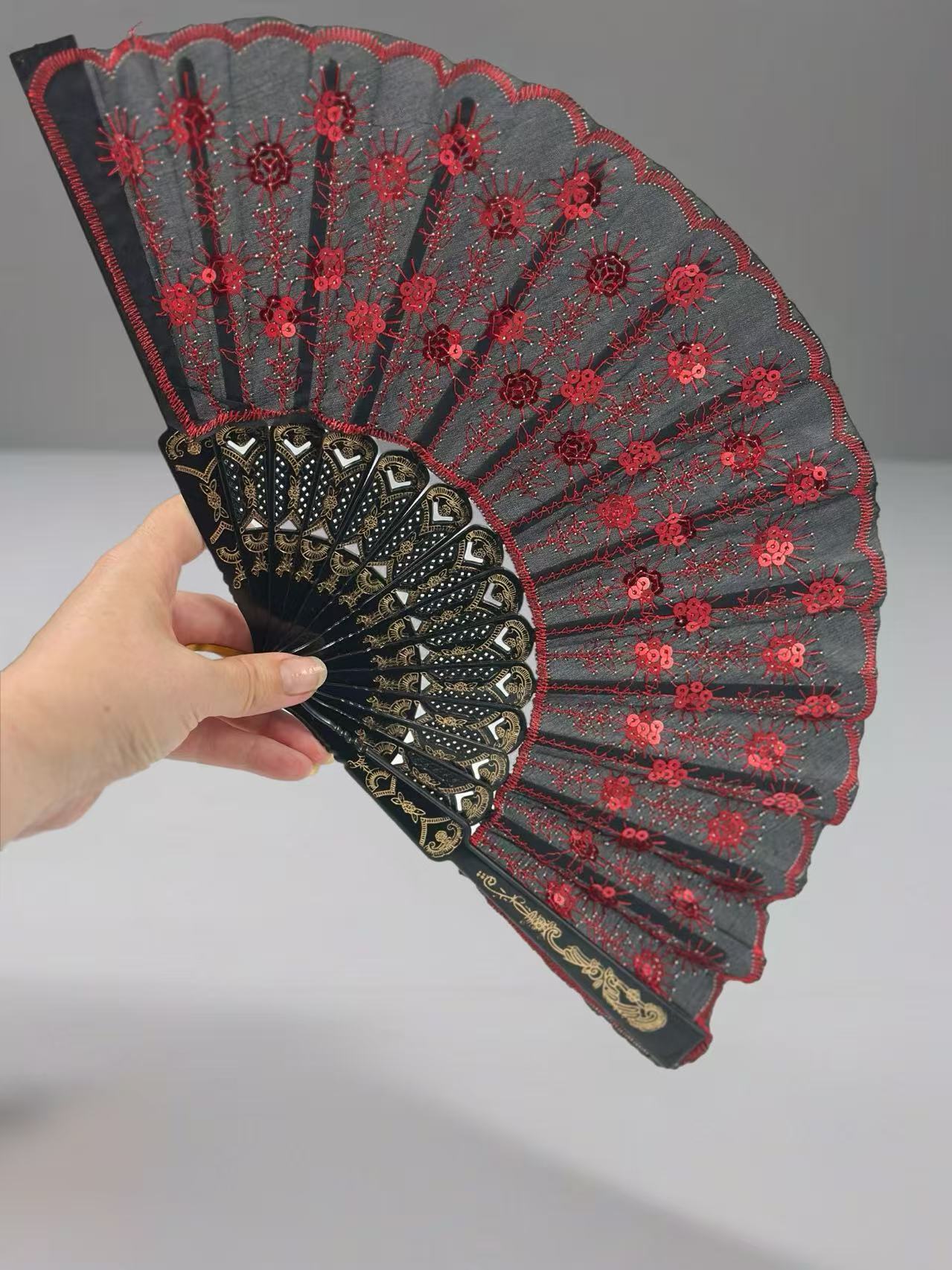Luxury Lace-Embroidered Hand Fans – Set of 5 with Floral Sequin Detailing