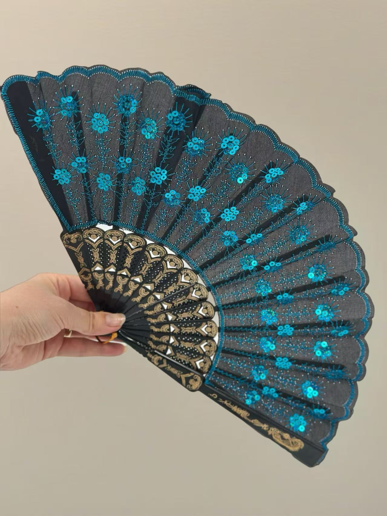 Luxury Lace-Embroidered Hand Fans – Set of 5 with Floral Sequin Detailing
