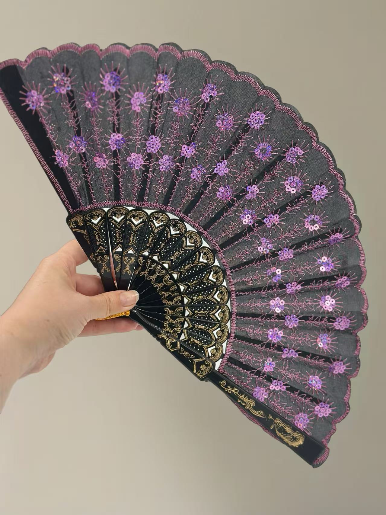 Luxury Lace-Embroidered Hand Fans – Set of 5 with Floral Sequin Detailing