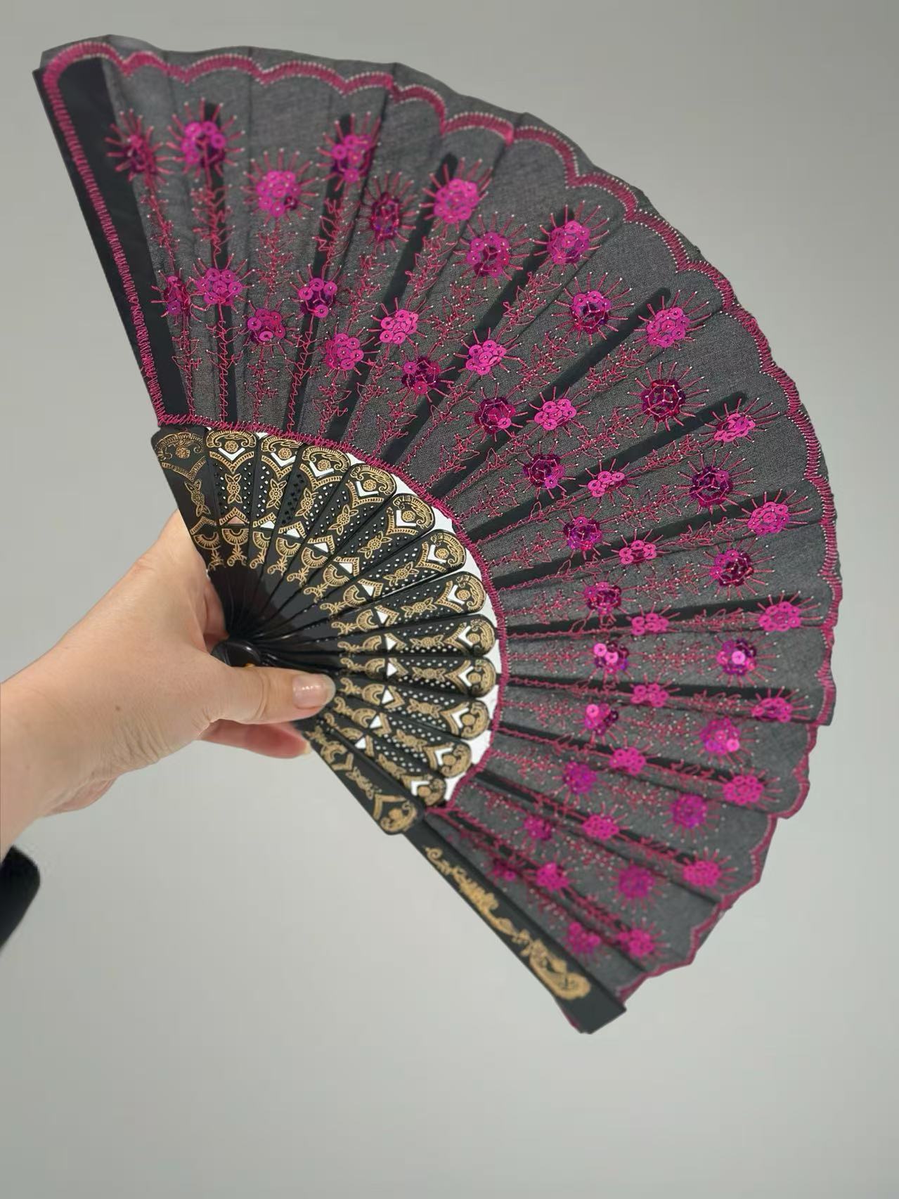 Luxury Lace-Embroidered Hand Fans – Set of 5 with Floral Sequin Detailing