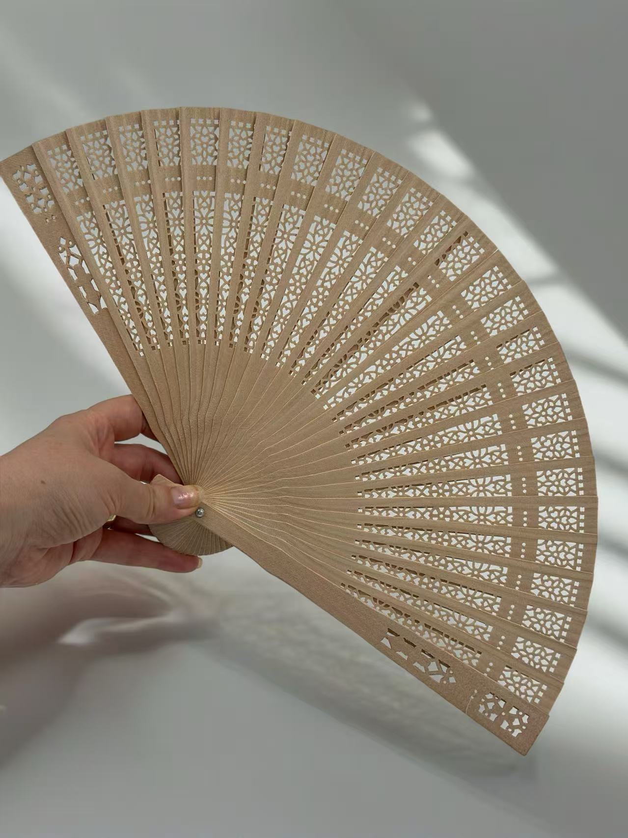 Handheld Carved Wooden Fan with Intricate Pattern (Small)