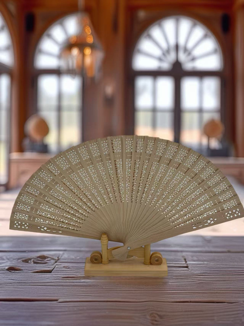 Handheld Carved Wooden Fan with Intricate Pattern (Small)