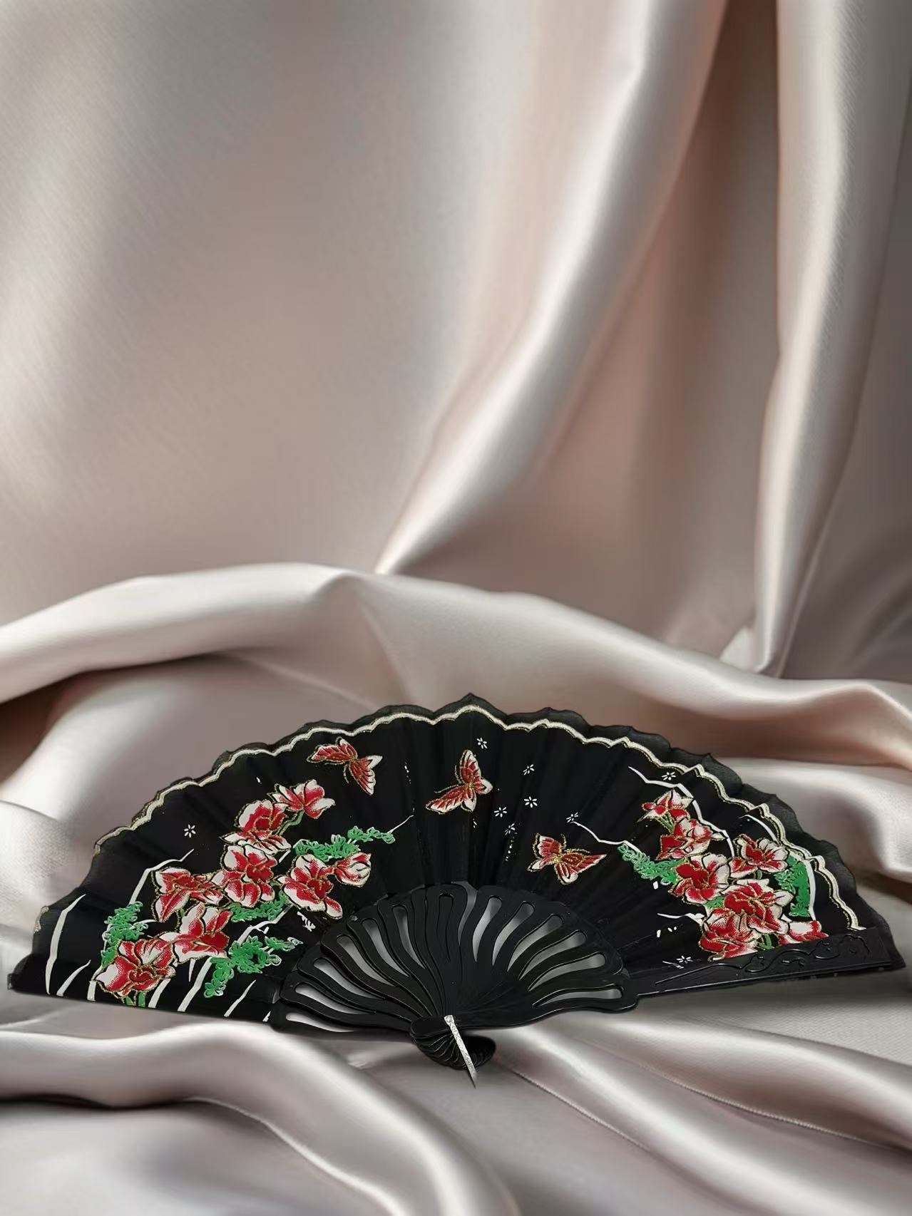 Elegant Black Folding Fan with Embroidered Floral and Butterfly Design