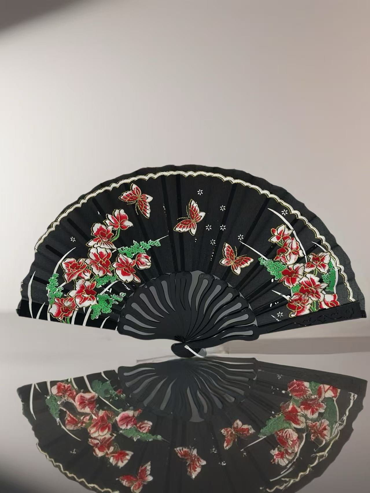 Elegant Black Folding Fan with Embroidered Floral and Butterfly Design