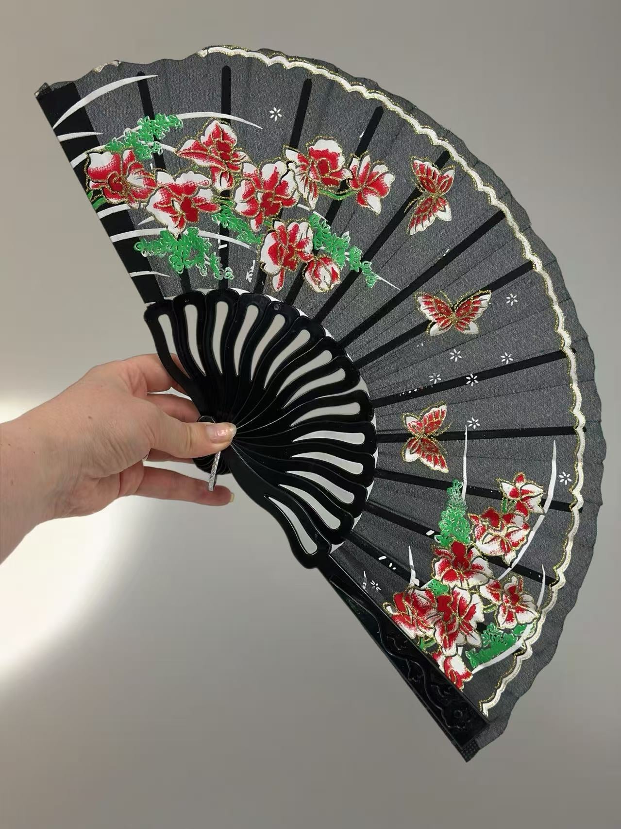 Elegant Black Folding Fan with Embroidered Floral and Butterfly Design