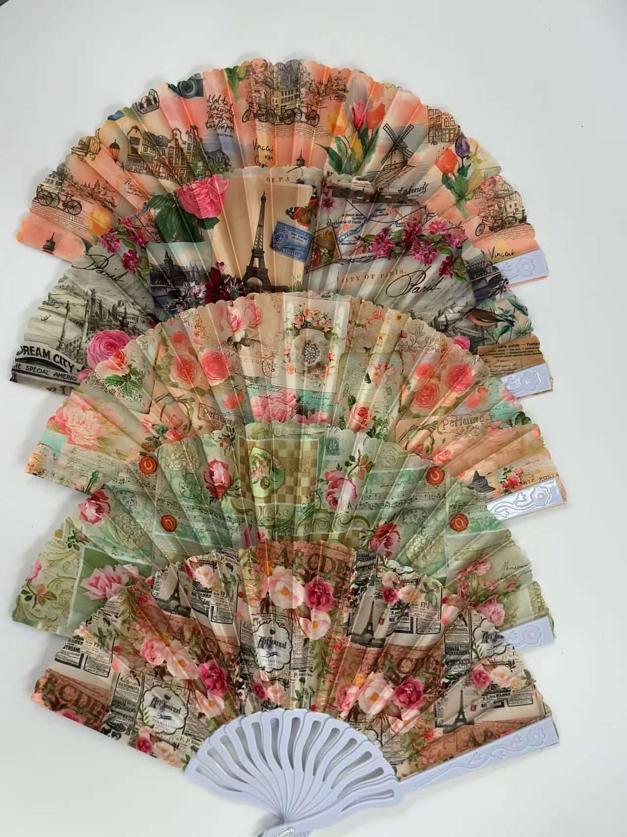 Vintage Parisian-Themed Folding Fans Collection